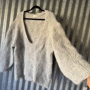 H&M Alpaca Wool Blend Gray Cable Knit V-Neck Oversized Balloon Sleeve Sweater